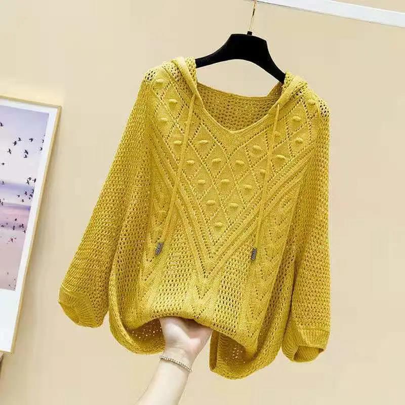 Women's Hollow Knitted Sweater Mid-sleeve Thin Loose Blouse Top Spring and Autumn Girls