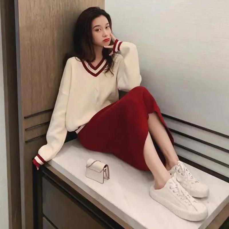 Set Autumn and Winter V-neck Loose Long-sleeved Pullover Sweater Women with Skirts Temperament Knitted Simple Ladies