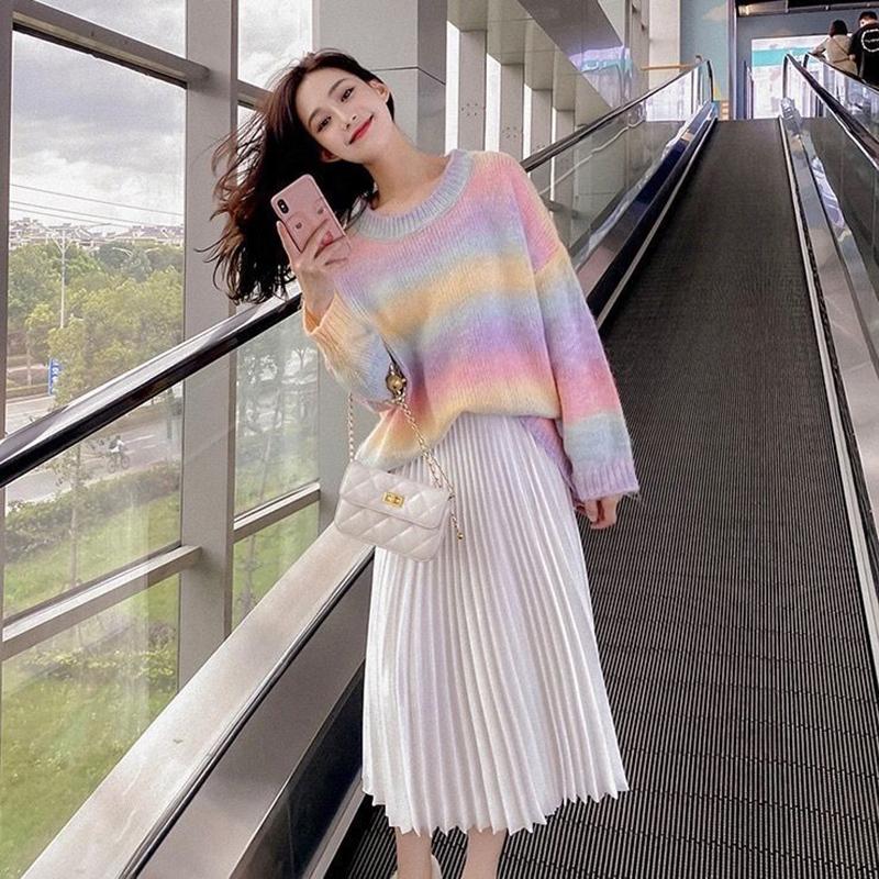 Autumn  Winter  Rainbow Sweater Slimming Women's  Loose Outer Wear Cocoon Casual Long-sleeved Sweater Top