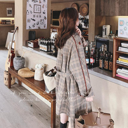 Women's Mid-length Retro Plaid Trench Coat Small Fashion Loose British Style Coat Jacket