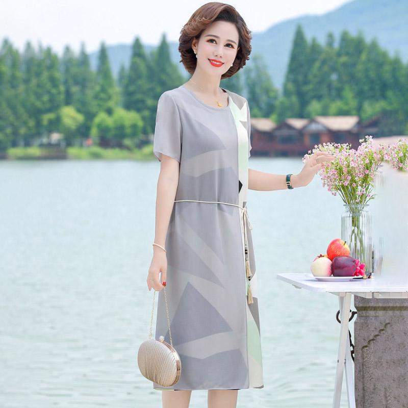 Spring Summer Chiffon Dress Women O-Neck Short Sleeve Dresses Sweet Slim Elastic Waist Mid-length Ladies Dress