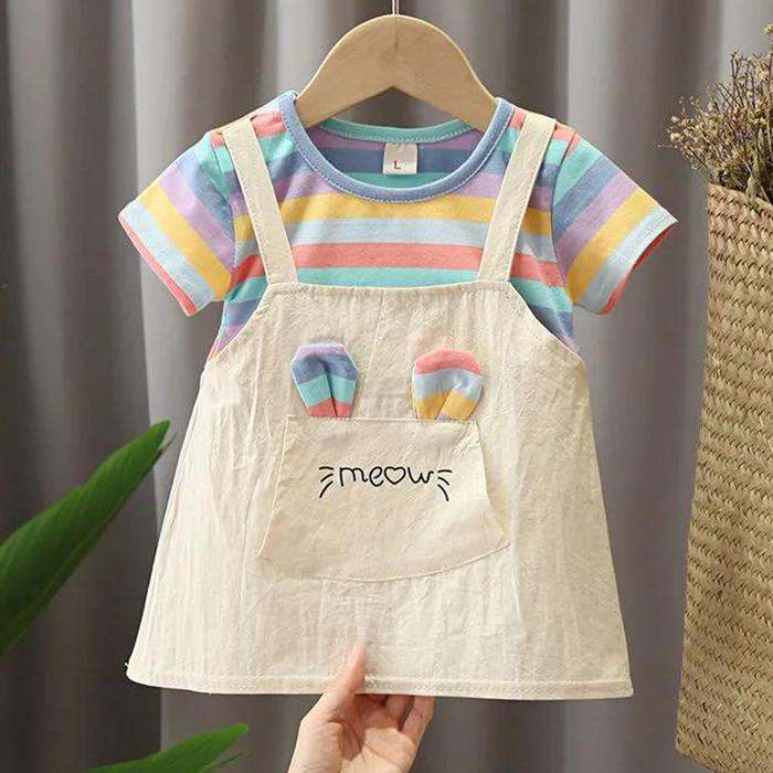 Children Dress Spring Summer O-neck Kids Clothing  Baby Girls Clothing Printing Short Sleeve Fake Two Dress Girl