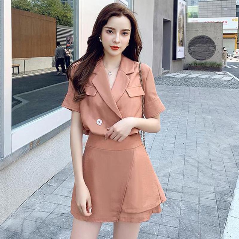 Two-piece All-match Retro Suit Women's Summer Casual Fashion V-neck Short-sleeved Shirt Culottes Suit