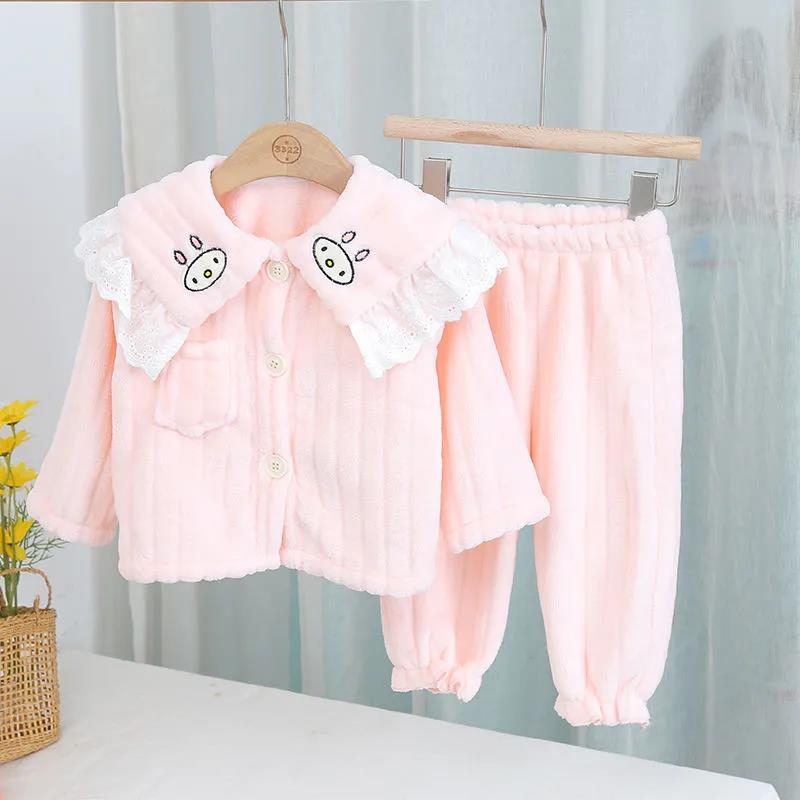 Girls Coral Velvet Pajamas Set Autumn and Winter Baby Plush Thickened Flannel Children's Winter Warm Home Clothes