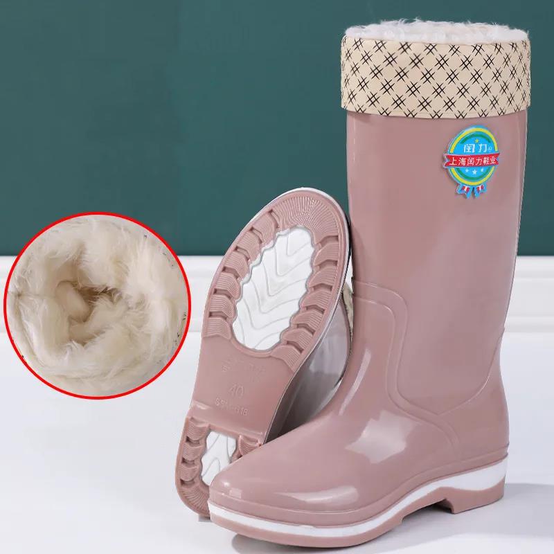 High Tube Ladies Plus Velvet Warm Rain Boots Wear-resistant Mid-tube Rain Boots Kitchen Non-slip Rubber Shoes Waterproof Work Shoes