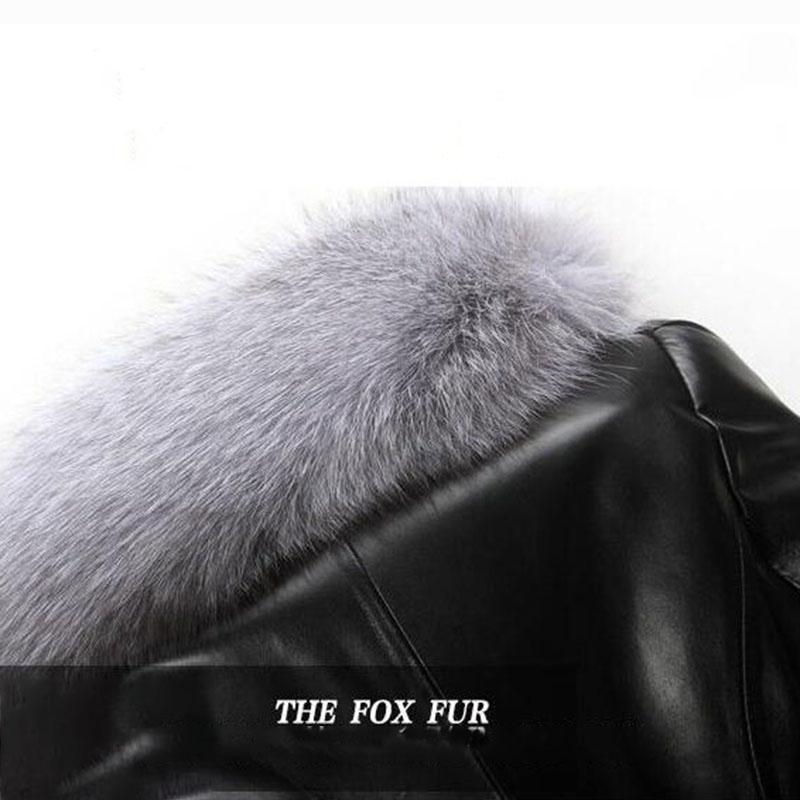 Winter  Women's Mid-length Leather Trench Coat and Cotton Coat Slim PU Fur with Faux Fox Fur Collar