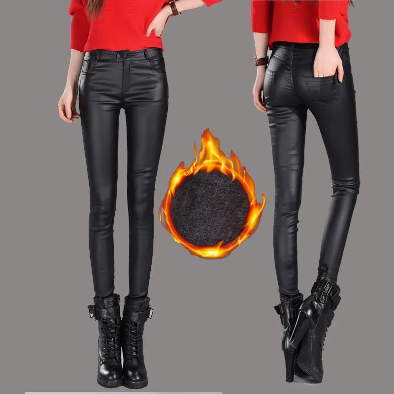 Autumn and Winter Matte Frosted PU Leather Pants Women's Outer Wear Plus Velvet Base Elastic Elastic Waist High Waist Coated Imitation Leather Pants