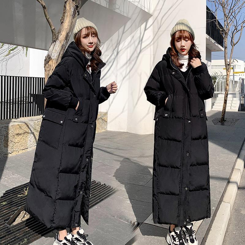 Winter Warm Down Padded Jacket Women's Loose Super Long Style Knee-to-ankle Padded Bread Jacket Stand-up Collar Hooded Down Jacket Sleeves Slim Fit