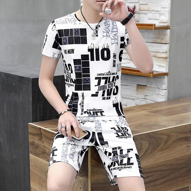 Short-sleeved Men's Summer Leisure Korean Version of The Trend of Ice Silk Half-sleeved T-shirt Suit Youth Shorts Two-piece