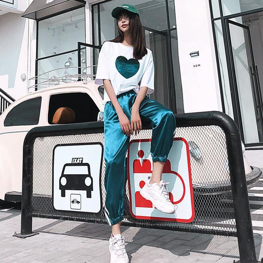 Sportswear Casual Suit Female Hip-hop Loose Round Neck Short-sleeved Sports Pants Two-piece Home Casual Wear Sports Suit