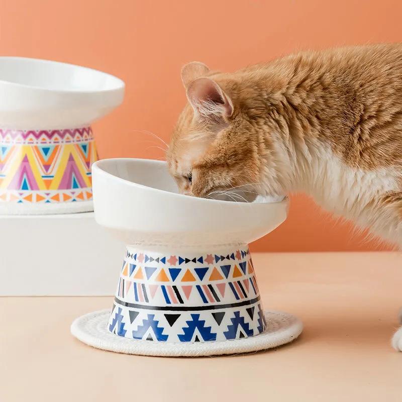 Cat Bowl Ceramic Protective Cervical Spine Oblique Mouth Cat Food Bowl Food Dispenser Water Bowl Anti-overturning Bohemian High Stand Bowl