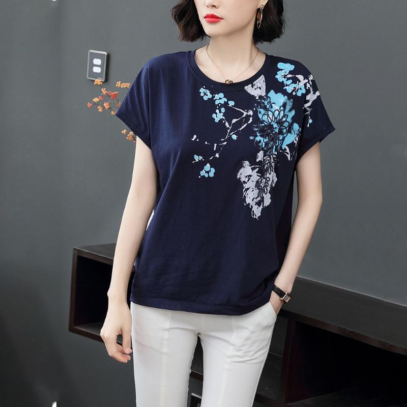 Cotton Floral Short Sleeve T-Shirt Ladies Summer Loose Large Size Fat Crew Neck Top