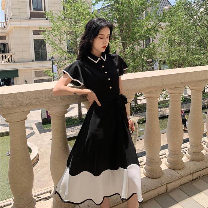 Pofulove M-4XL Women Retro Polo-neck Black Dress Loose Skinny Short Sleeve Dresses Long A-line Dress