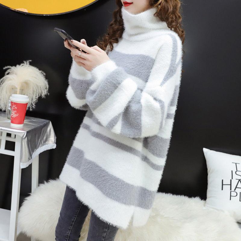 Autumn and Winter Mohair Loose Sweater High Neck Pullover Casual Top Thick Striped Women's Sweater