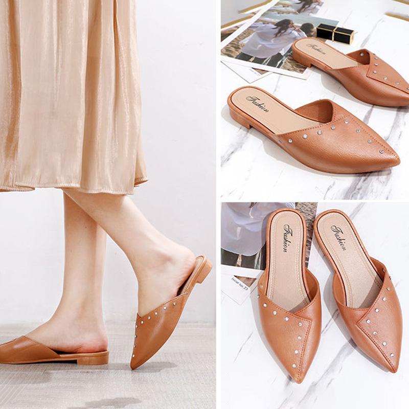 Slippers Women’s Summer Wear Half-toe Slippers Non-slip Flat-bottomed Casual Lazy Sandals and Slippers Pointed Soft-soled Leather Shoes