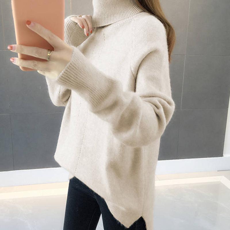 Women Solid Turtleneck Thicken Warm Pullover Sweater Loose Office Short Bottoming Shirt