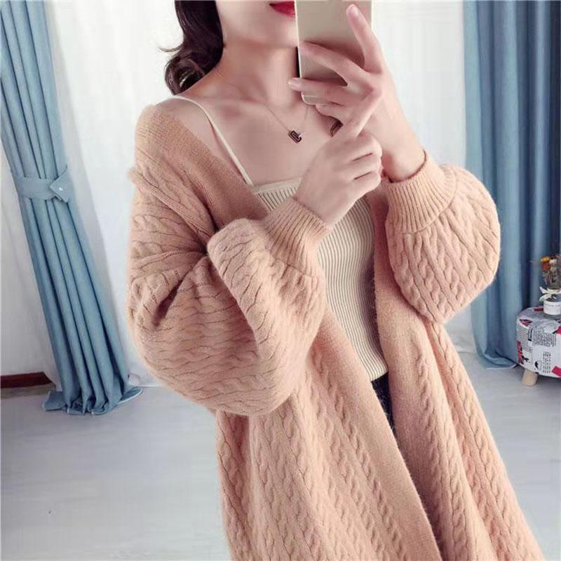 Autumn and Winter Casual Thick Sweater Knitted Cardigan Loose Top Mid-length Solid Color Women's Jacket