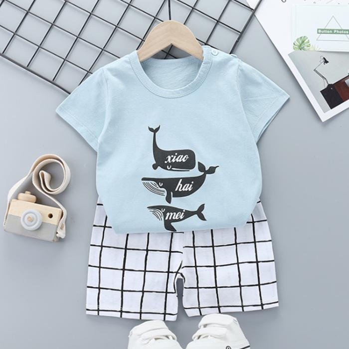 Children's Short Sleeve Suit Korean Style Boys and Girls Set Printing T-shirt + Shorts Two Piece Set