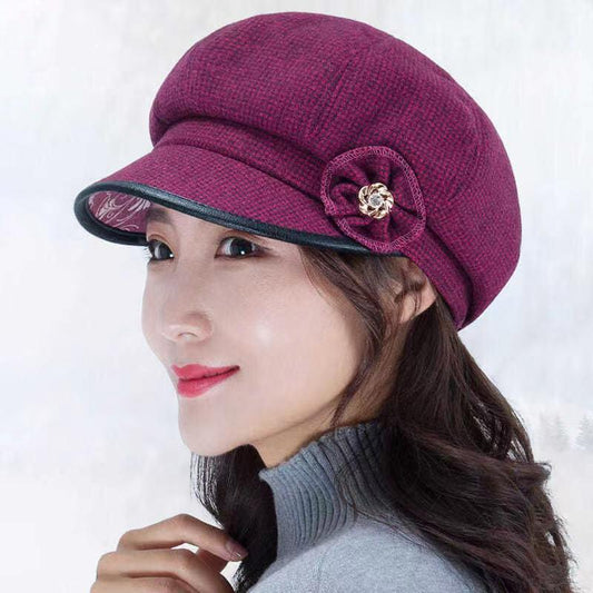 Women's Octagonal Beret Hat Wool Blend Plaid Flower Diamond Hat Autumn and Winter Mother Hat Middle-aged Elderly Baker Hat