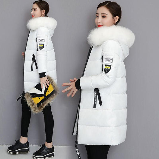 Winter Korean Fashion Trend Women's Large Fur Collar Jacket Slim and Thin Mid-length Plus Size Padded Jacket