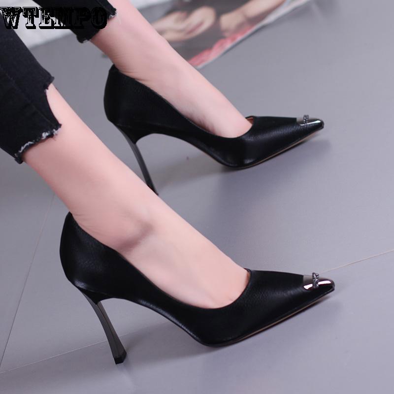 High Heels Ladies PU Material Metal Shiny Pointed Stilettos for Appointments