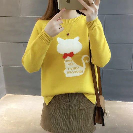 Autumn and Winter Sweater  Womens Long Sleeve All-match Knitted Sweater Woman Cute Cat Jumpers