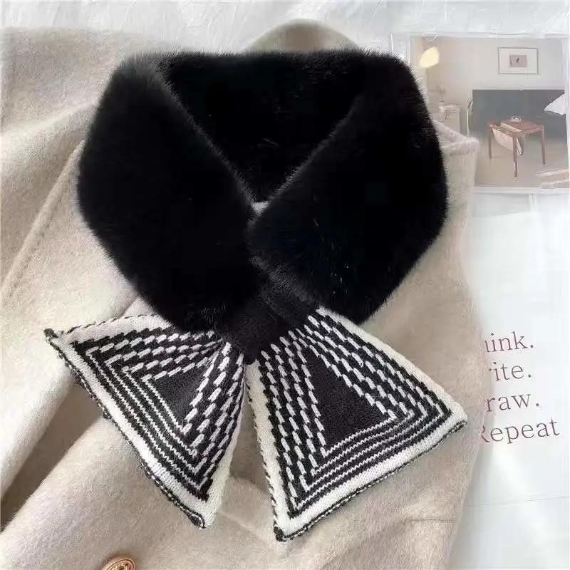 Women's Autumn Winter Cross Scarf All-match Bowknot Knitted Plush Faux Rex Rabbit Fur Collar Striped Thickened Warmth Neck Protection Neckerchief