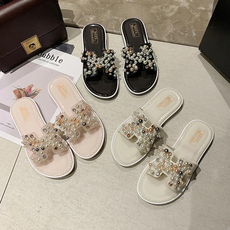 Slippers Women’s Summer Wear Women’s Shoes Flat-heeled Non-slip Soft-soled Beach Shoes Sandals with Pearl Decoration Sweet Sandals