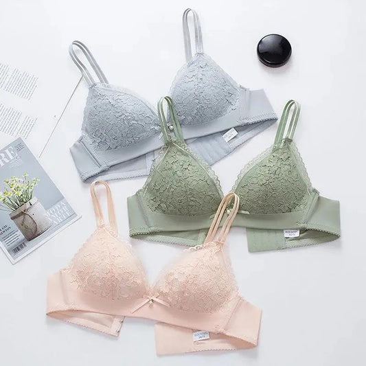 Underwear Women's Thin Small Chest Special Non-wire Gather Bra Bra Triangle Cup Gather Lace Side Bra Without Steel Ring Light and Breathable