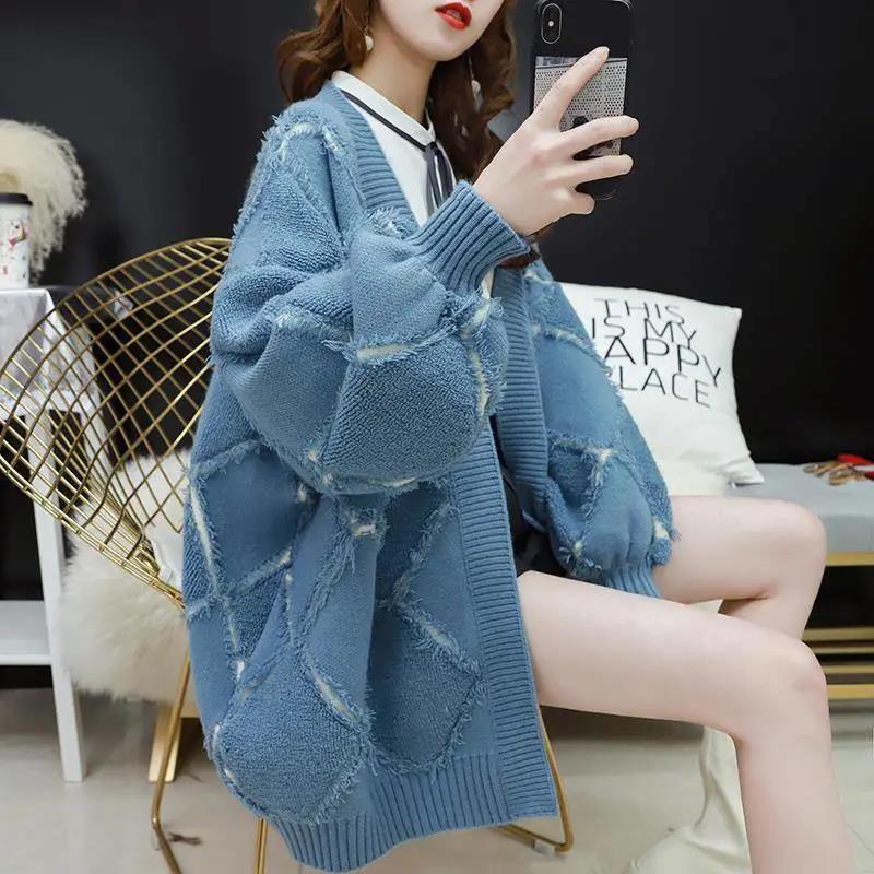 Sweater Jacket Women's Mid-length Loose Knit Cardigan Lazy Style Long-sleeved V-neck Warmth Thick Women's Sweater Jacket