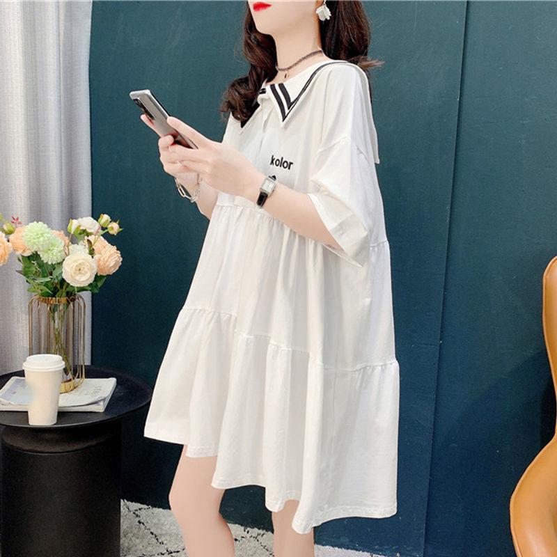 Women's Loose Summer Dress Round Neck Short-sleeved Large Skirt Dress Sailor Suit Dress Sweet and Cute Cotton Fabric Absorbent and Breathable