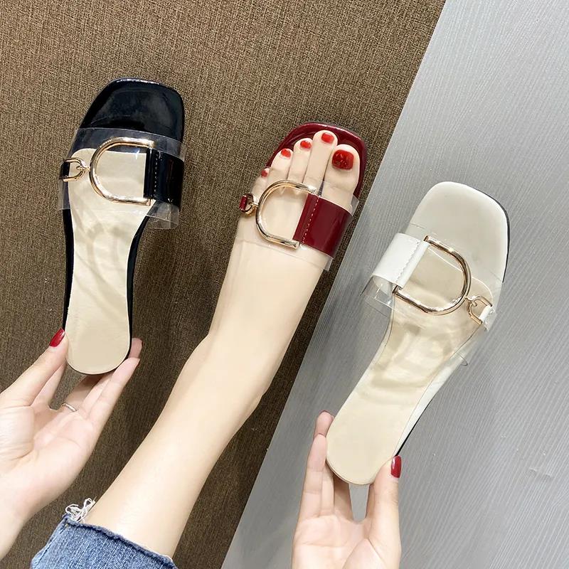 Slippers Women Summer Fashion Korean Style All-match Crystal Transparent Thick Heel Ladies Sandals