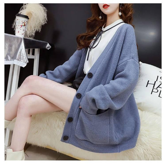 4 Colors Women Long Section Cashmere Loose V-neck Sweater Knitted Cardigan Button Jacket