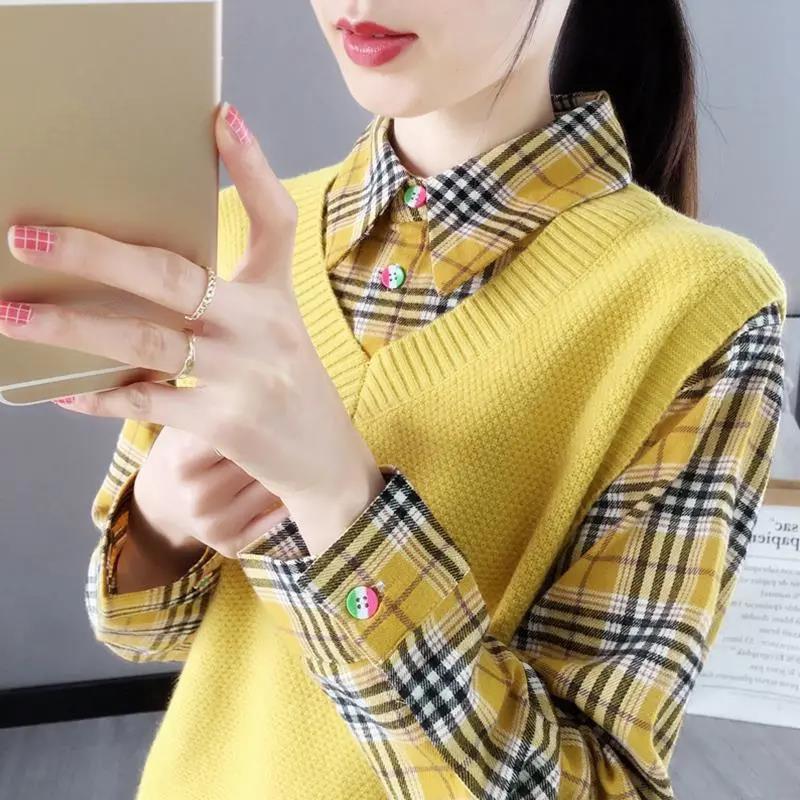 Women's Waistcoat Patchwork Knitted Tops Spring and Autumn Lapel Neck Large Size Tops Loose Casual Knitted Pullover