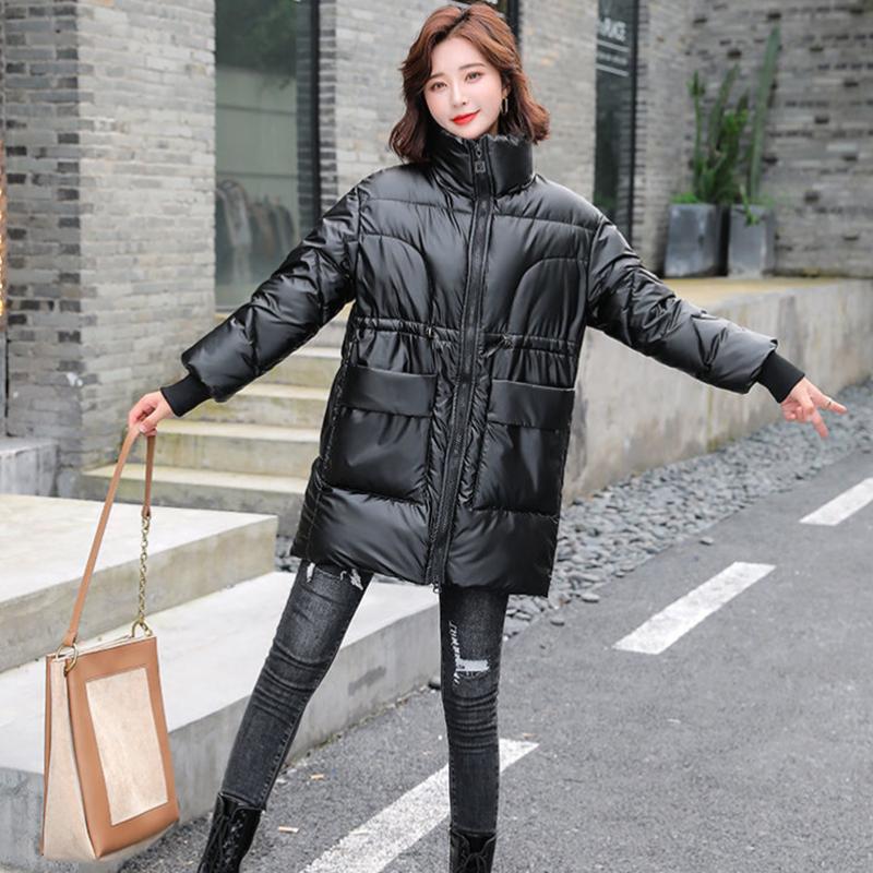 Women's Shiny Mid-length Down Jacket Winter Korean Style Loose Coat Warm Stand-collar Down Jacket