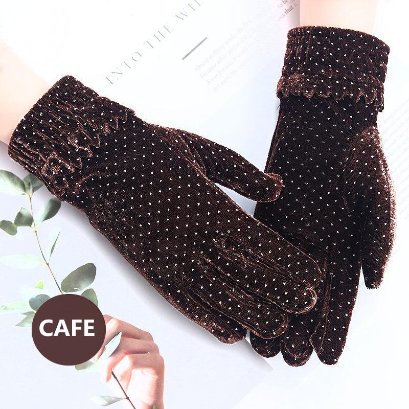 Women's Autumn Winter Gold Velvet Gloves Warm Windproof Outdoor Cycling Driving Mittens Korean Style Pure Color Polka-dot Gloves Elastic Full Fingers