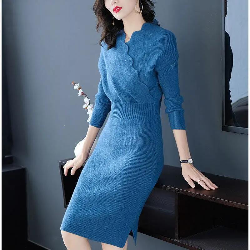 Spring and Autumn Wear Mid-length V-neck Slim Knit Dress Women Over-the-knee Bag Buttocks Ruffle Sweater Outer Wear Bottoming Shirt