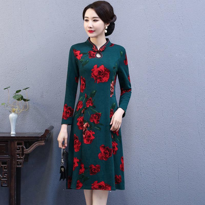 Women's Mid-skirt Chinese Style Long Cheongsam Dresses Retro Knee-length Skirt Summer Slimming Dress Dinner Dresses