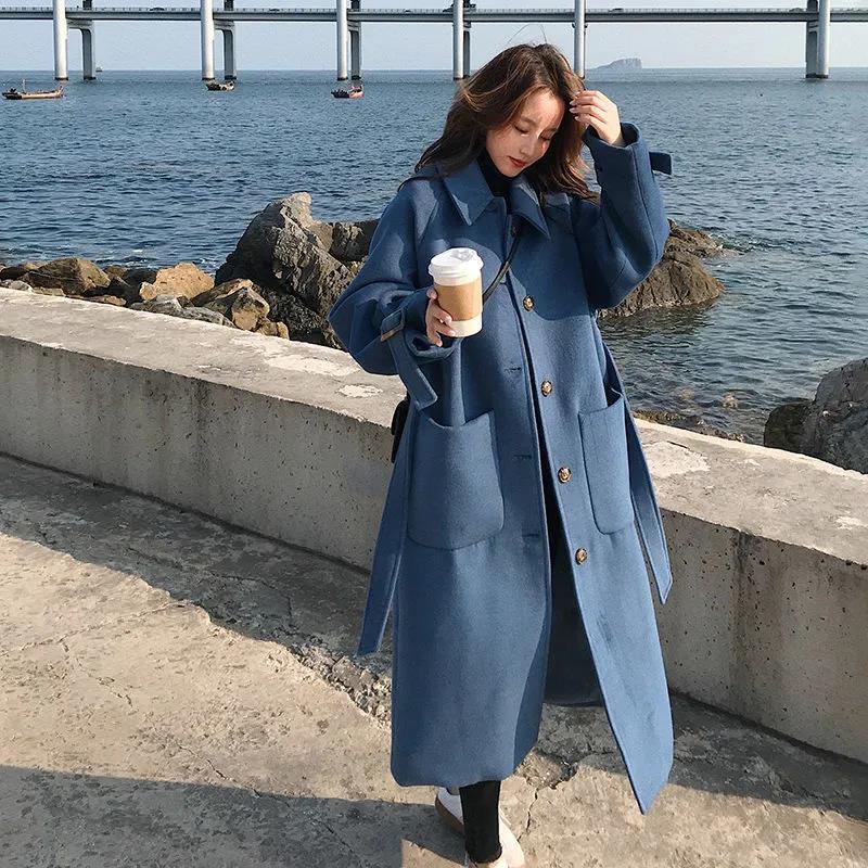 Haze Blue Woolen Coat Women's Mid-length Autumn and Winter Student Loose Hepburn Style Woolen Coat