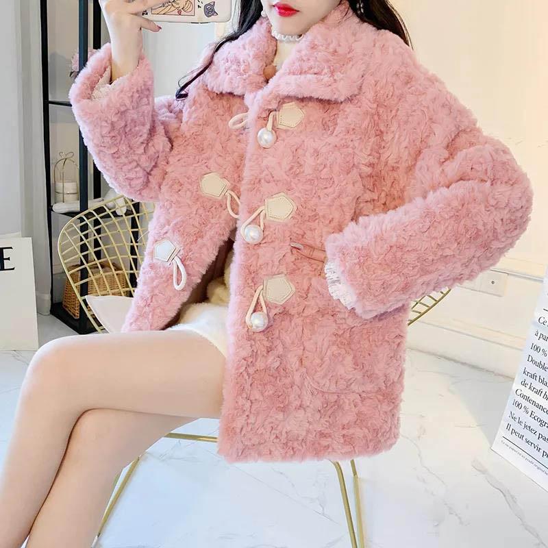 Winter Model Rabbit Plush Coat Female Korean Version Loose Horn Buckle Lamb Hair Western Style Faux Fur Coat