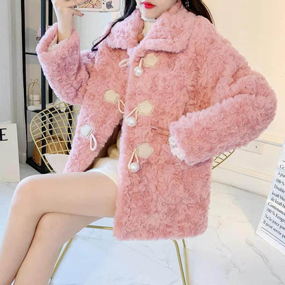 Winter Model Rabbit Plush Coat Female Korean Version Loose Horn Buckle Lamb Hair Western Style Faux Fur Coat