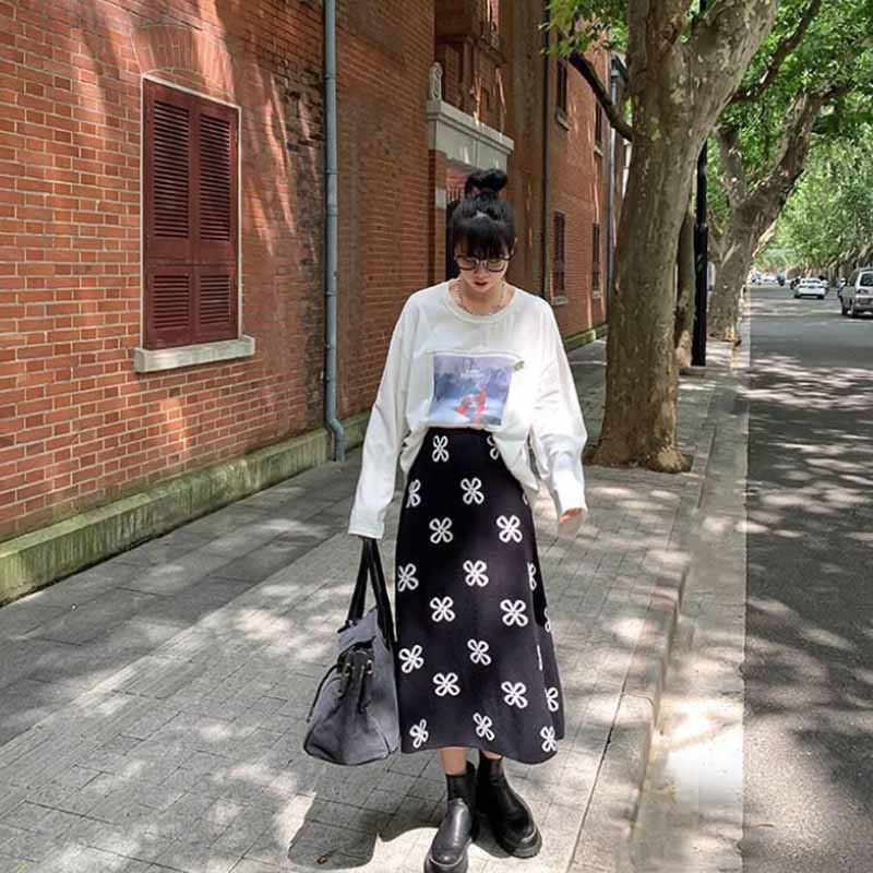 Small Fragrance Thick Knitted Skirt Female High Waist Was Thin Autumn and Winter Long Wild A-line Skirt Large Swing Skirt