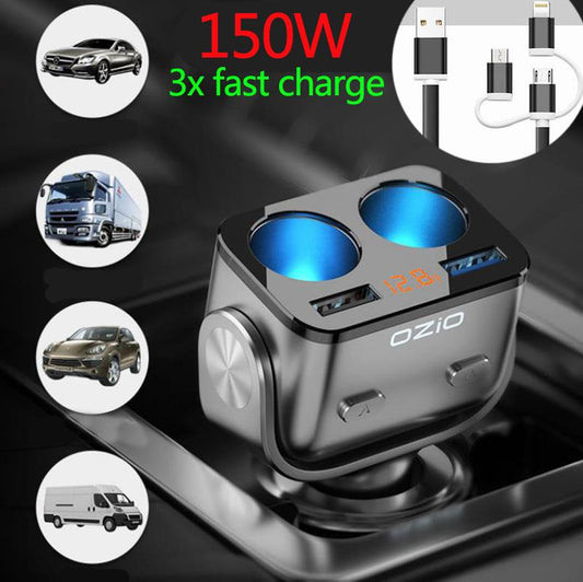 150W Digital Display Car Charger with 3-in-1 Data Cable 3x Fast Charging Adapter Cigarette Lighter Head Power Converter