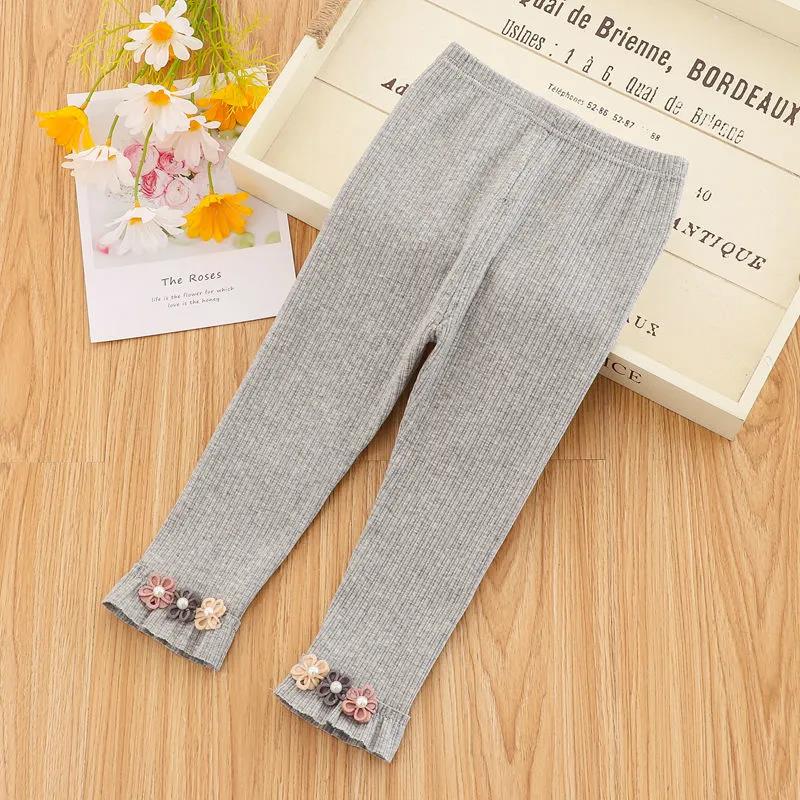 Girls' Leggings Children's Spring and Autumn Thin Flowers Ruffle Korean Cropped Trousers Stretch Pants Baby Outer Wear and Inner Wear