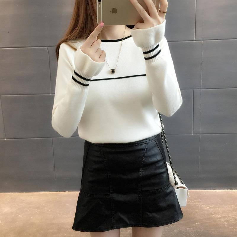 Autumn and Winter Women Sweater All-match Bell Sleeved Shirt Slim One-neck Female Pullover Jumpers