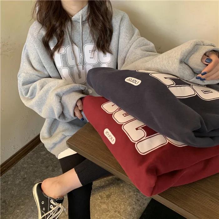 Sweater Women's Ins Plus Velvet Thickened Student Korean of The Loose BF Lazy Style Letter Printing Top Hooded Jacket Printing Pullover Sweater