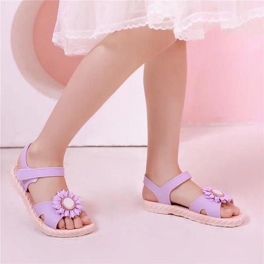 Girls Sandals Little Girls Summer Soft Sole Beach Flat Sandals Anti-slip Flowers Decoration Casual Princess Light Sandals