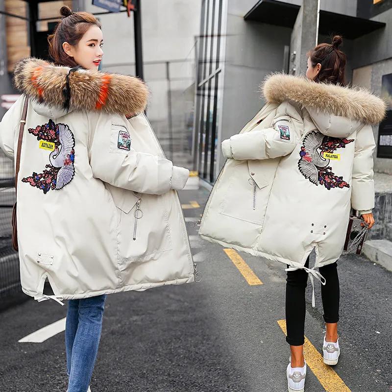 Winter Jacket Fur Collar Hooded Parkas Hooded Thicken Warm Plus Size Down Coats Women Crane Embroidery Fashion Streetwear Harajuku Hip Hop Jackets