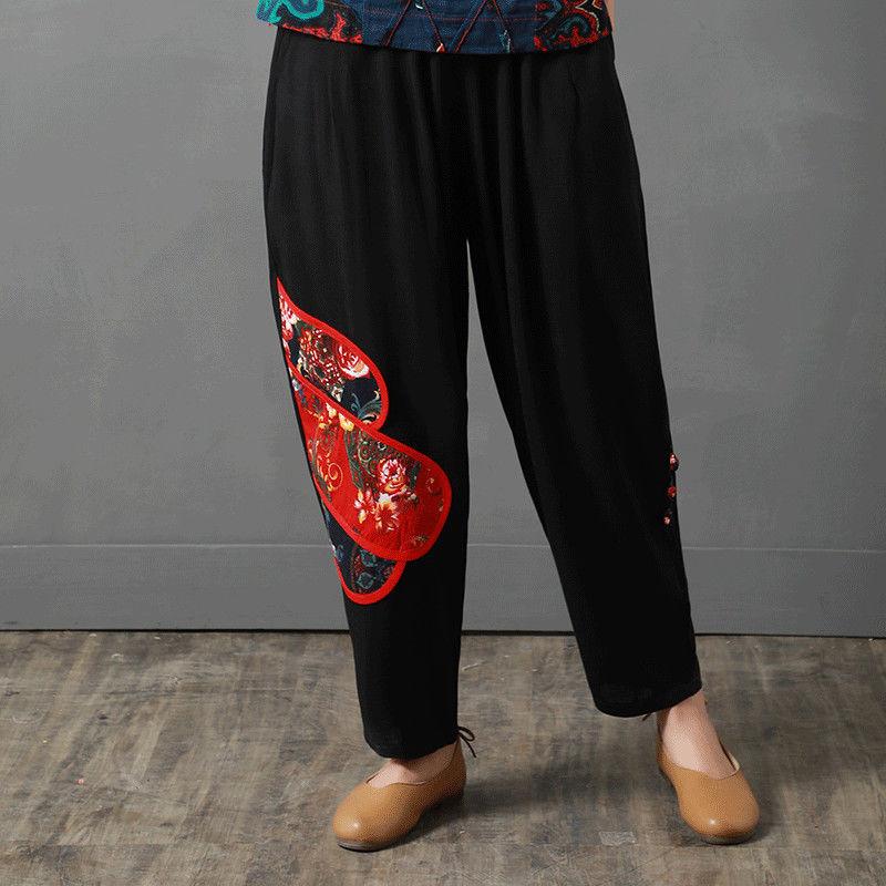 Nine-point Pants Wide-leg Pants Women Ethnic Style Printed Cotton and Linen Pants Loose Retro Thigh Pants Casual Pants