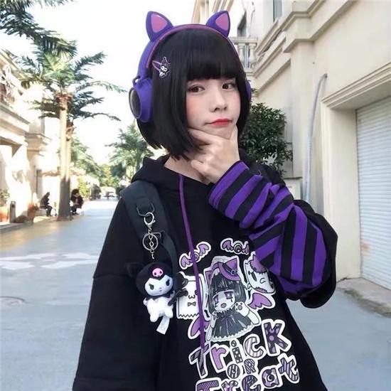 Japanese Warm Fake Two-piece Plus Velvet Sports Hoodie Sweet and Cute Striped Sweater Oversized Loose Pullover